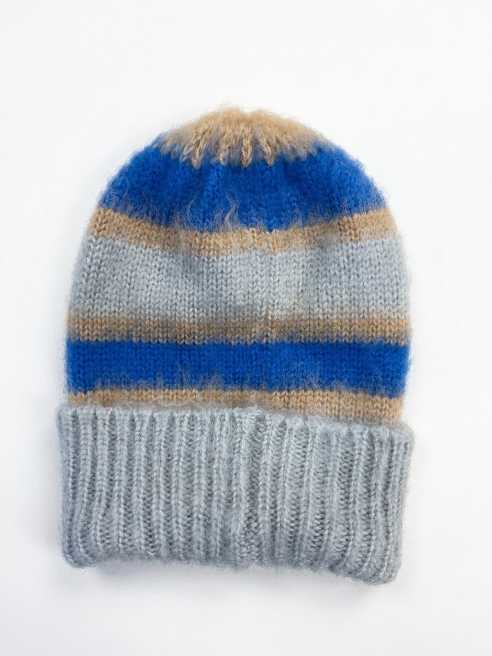 Free People Striped Knit Beanie - Blue, Gray & Tan